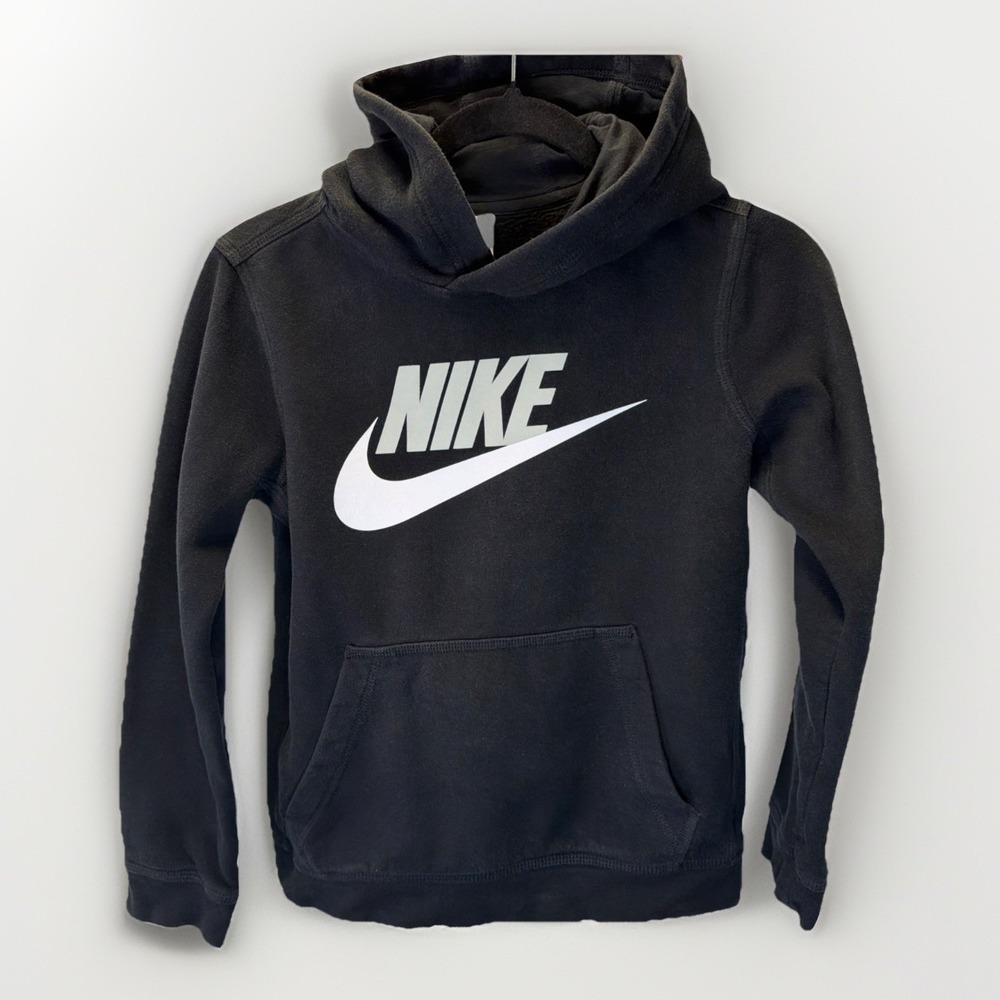 Nike Hoodie Youth M Black With White Swoosh Grey Logo Kids Pullover Sweatshirt